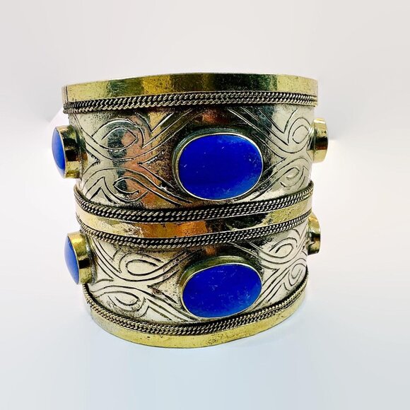 Vintage Middle Eastern Cuff Afghan Silver Gold Wash Mixed Metals Lapis Composite - Picture 2 of 4